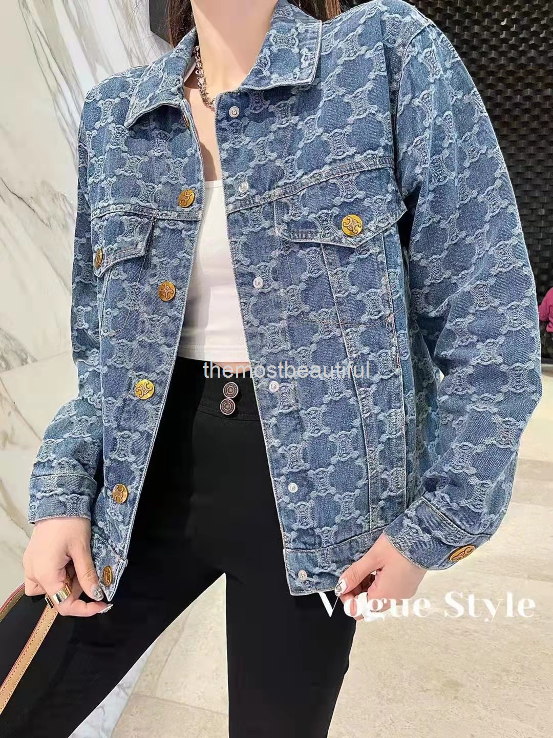 

Women' Jackets CE family old flower denim coat female spring and autumn jacquard full print loose aging leisure long sleeve versatile thin, 2# packing bag