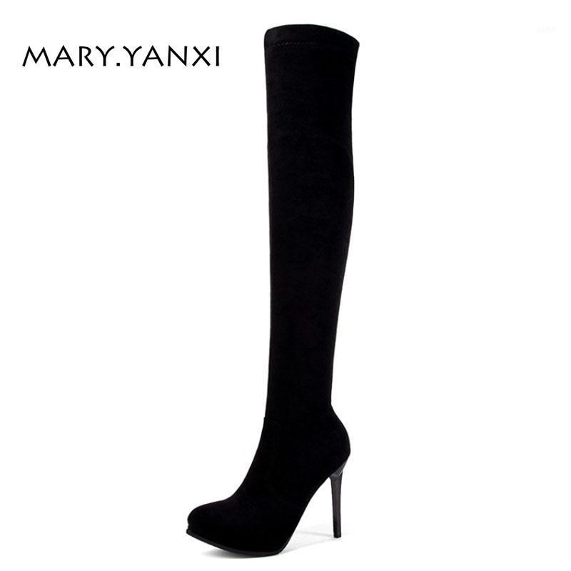

Spring Autumn Winter Women Shoes Long Over-the-Knee Boots Flock Nubuck Platform Zip Pointed Toe High Thin Heels Big Size Solid1, Red none insole