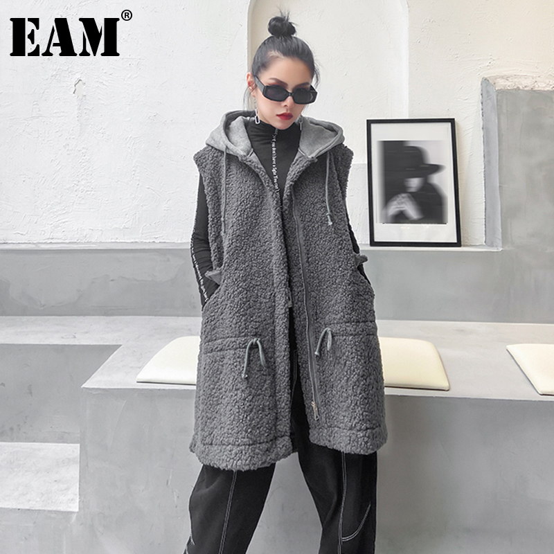 

[EAM] Women Loose Fit Gray Big Size Faux Fur Pocket Vintage Vest New Hooded Sleeveless Fashion Tide Autumn Winter 1DD0599 210204, Black