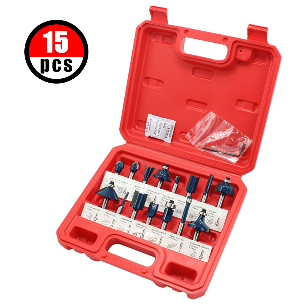 

Router Bit Set of 15pcs/12pcs 1/4 Inch Shank Carbide Tipped Woodworking Tool Set with Plastic Case tool kit