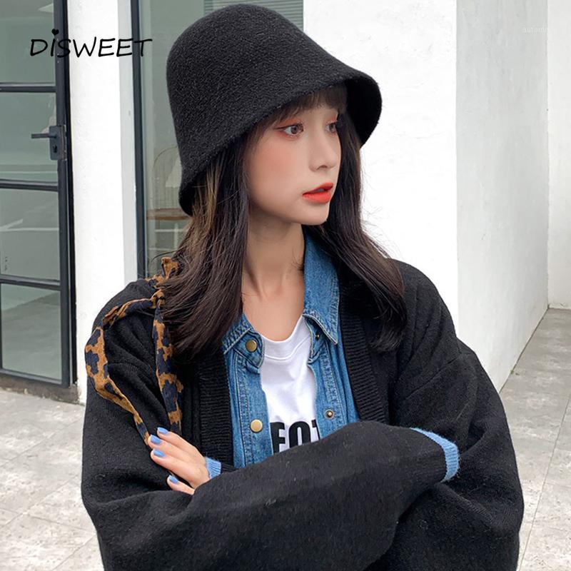 

Woolen Bucket Hat Woman Korean Solid Fisherman Hat Knitted Women's 20211, Black