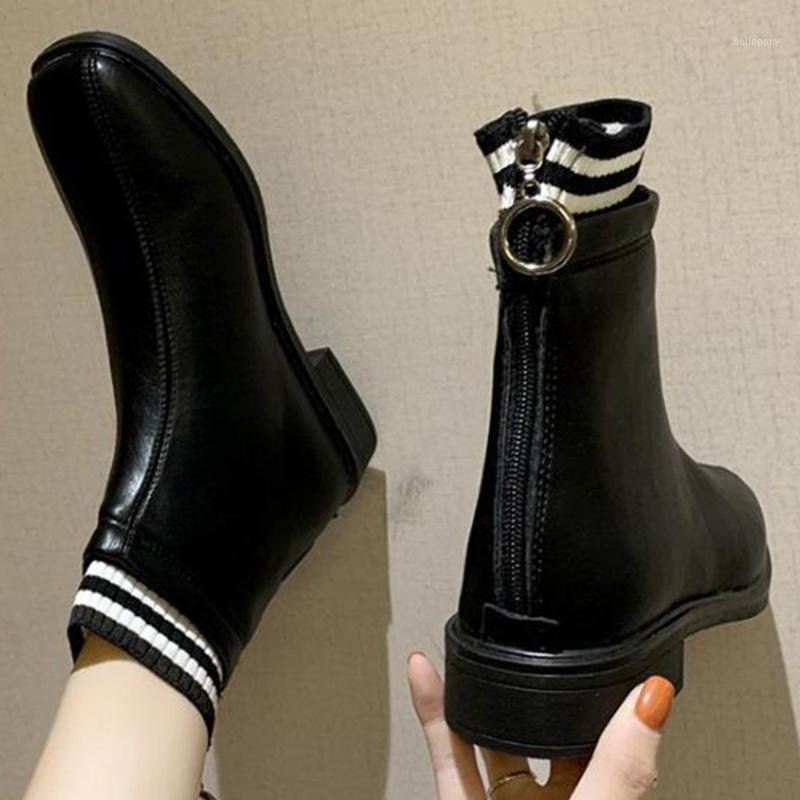 

Women's Boots Autumn Winter New Women's shoes fashion Square head Thick heel Back zipper Short tube boots botas de mujer xx5371, Black