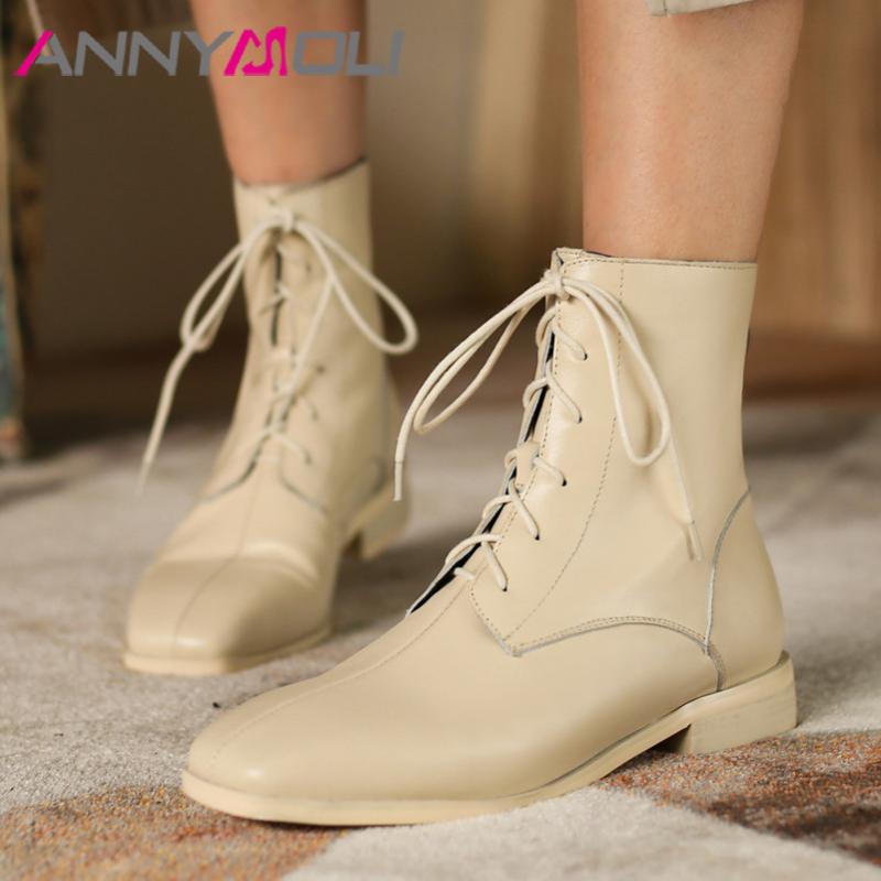 

ANNYMOLI Genuine Leather Mid Heel Lady Boots Women Short Boots Shoes Square Toe Zip Cross Tied Block Heels Ankle Beige 40, Black synthetic lin