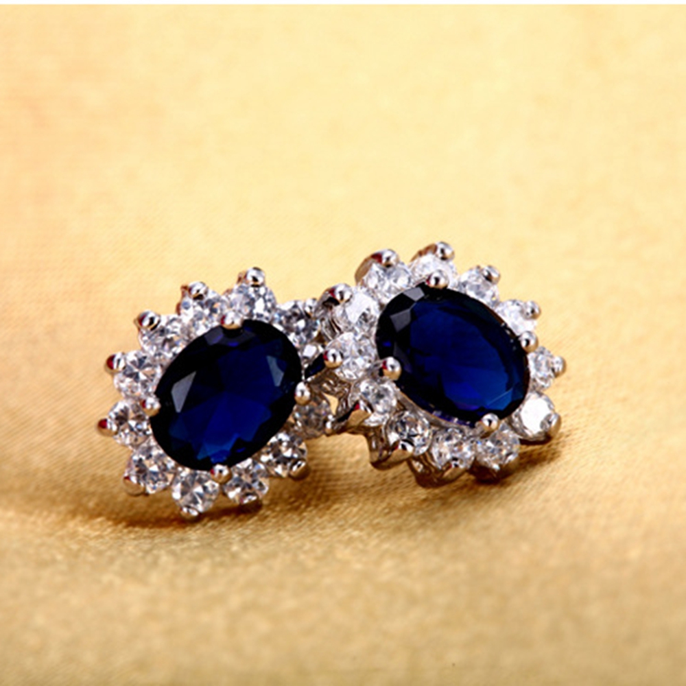 Sapphire Zirconia Oval Cut Blue Stud Earrings 18k White Gold Filled Womens Earrings Noble Gift-image-604342868