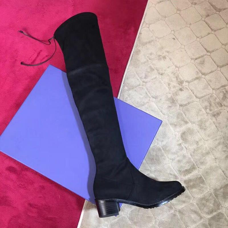 

Over The Knee Boots Strap Elastic Long Boots Thick Heels Women Shoes Flock Leather Slim Thigh High Black Designer Shoes, Black 2.5cm