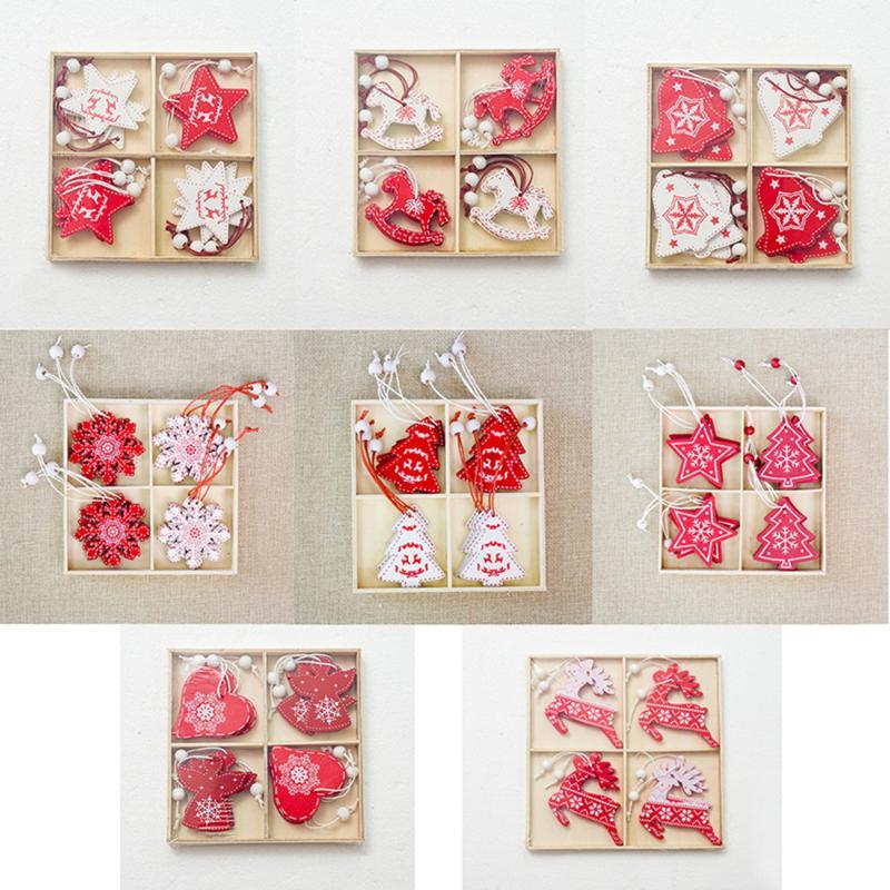 

12pcs/set Christmas Tree Ornament White Red Wooden Hanging Pendants Angel Snow Bell Elk Star Shape Christmas Home Decor Craft1