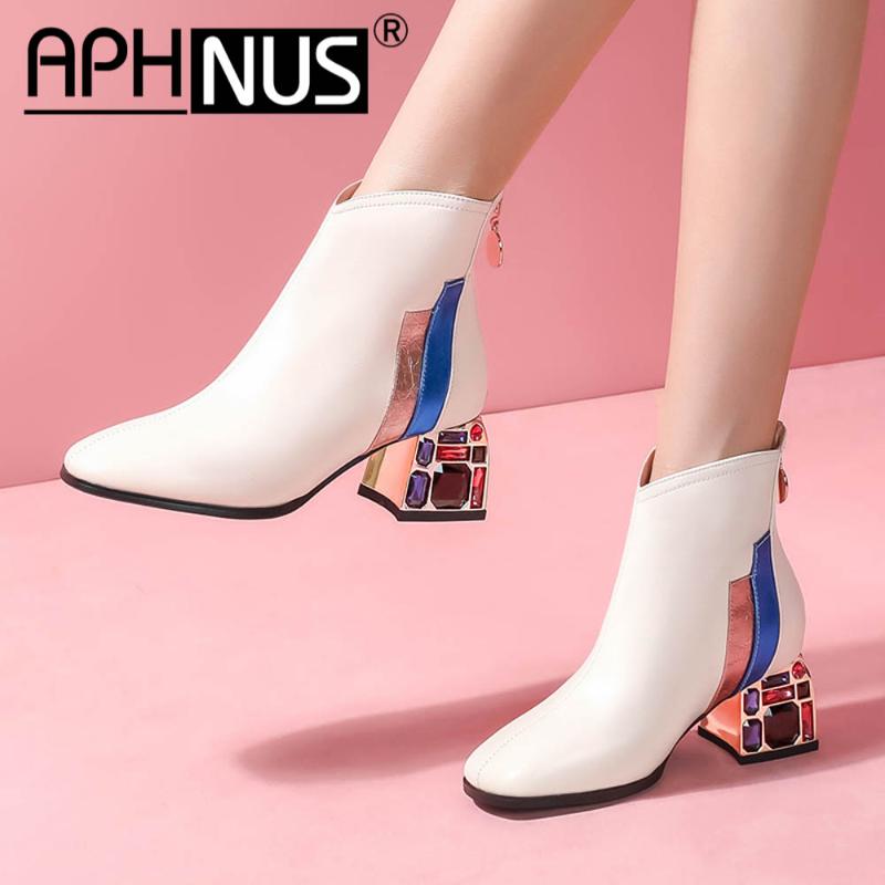 

APHNUS Womens Boots Mixed Colors Rhinestone Short Ankle booties Low Mid Heels PumpsWoman 2020 Shoes For Women New Boot, Black