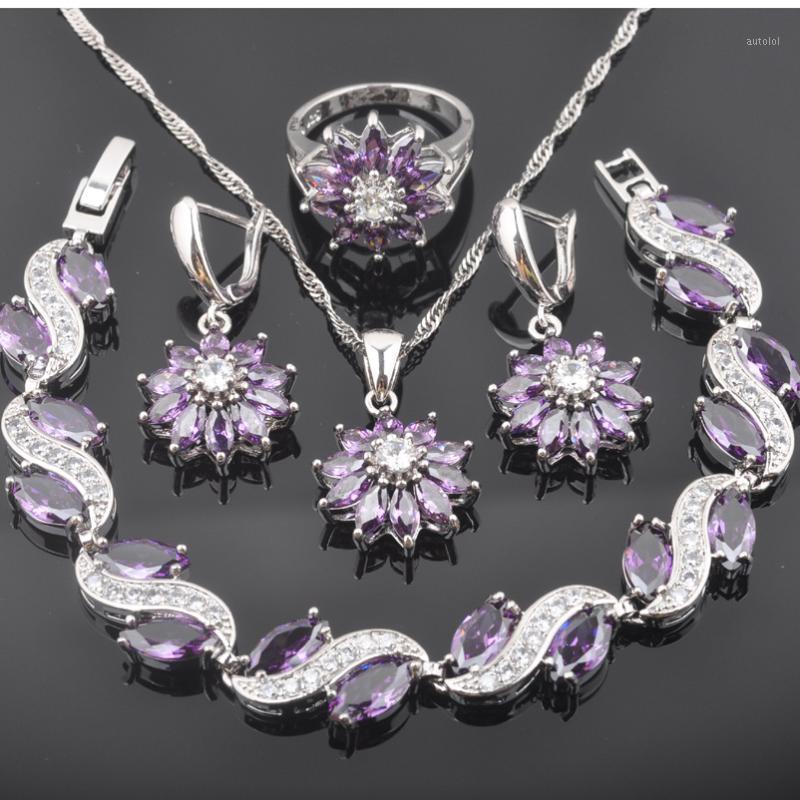 

2020 New Women Jewelry Sets Charm Bracelet Necklace Pendant Set Purple Crystal Silver Color Earrings Ring Christmas Gift QS04371, As pic
