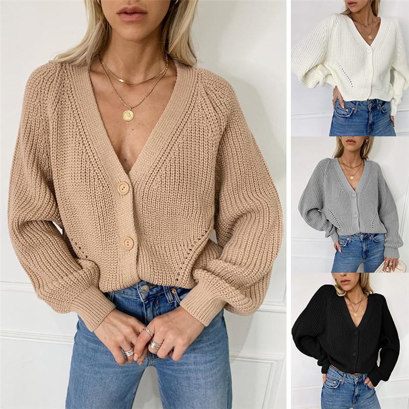 

Woman Coat Autumn 2020 Sexy Casual Solid Puff Sleeve Button Knit Coat Women Clothing Mujer Chaqueta Femme Veste, White