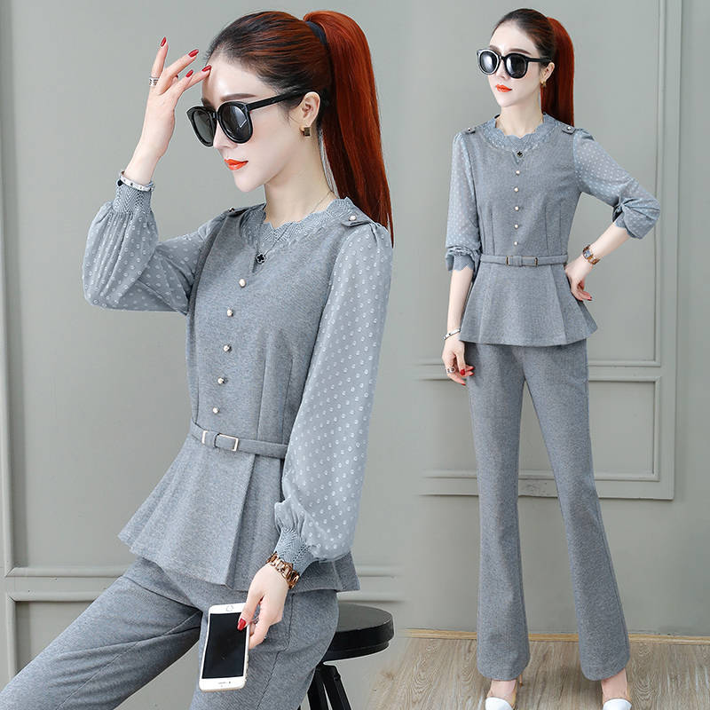 

Collar Pullovers High Sweatshirts Two-piece Pants Define Feminine Spring Office Lady Ladies Suit 69km, Grey.