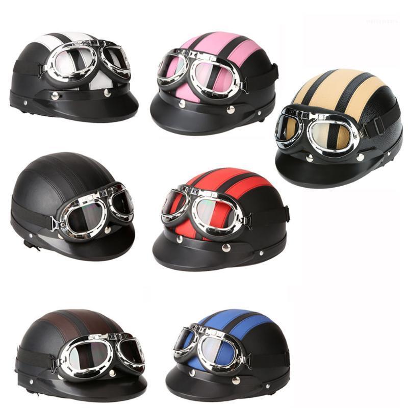 

Motorcycle Scooter Open Face Half Leather Helmet with Visor UV Goggles Retro Vintage Style 54-60cm for Security Accessories1, Brown