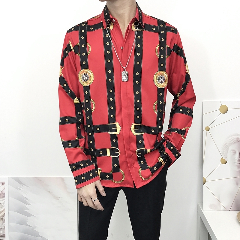 

Seestern brand men's red shirt new 3D printing belt pattern Fashion Dress stripe Plaid leisure long sleeve shirt business blouse 201120