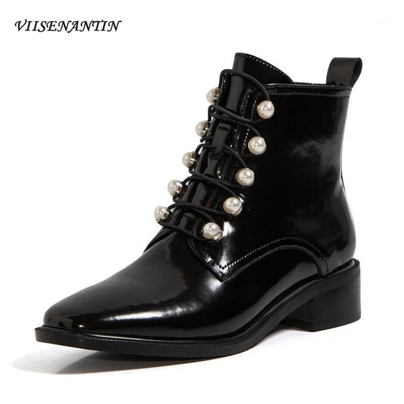 

Patent Leather Short Boots Women's Mid-heel New Autumn Winter Round Toe Bright Leather Pearl Decor British Thick Ankle Boots1, Black