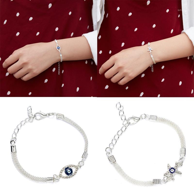 

Charm Silver Chain Women Elegant Bracelet Blue Evil Eye Starfish Silver Plated ECG Round Hollow Bracelet & Bangle Jewelry1