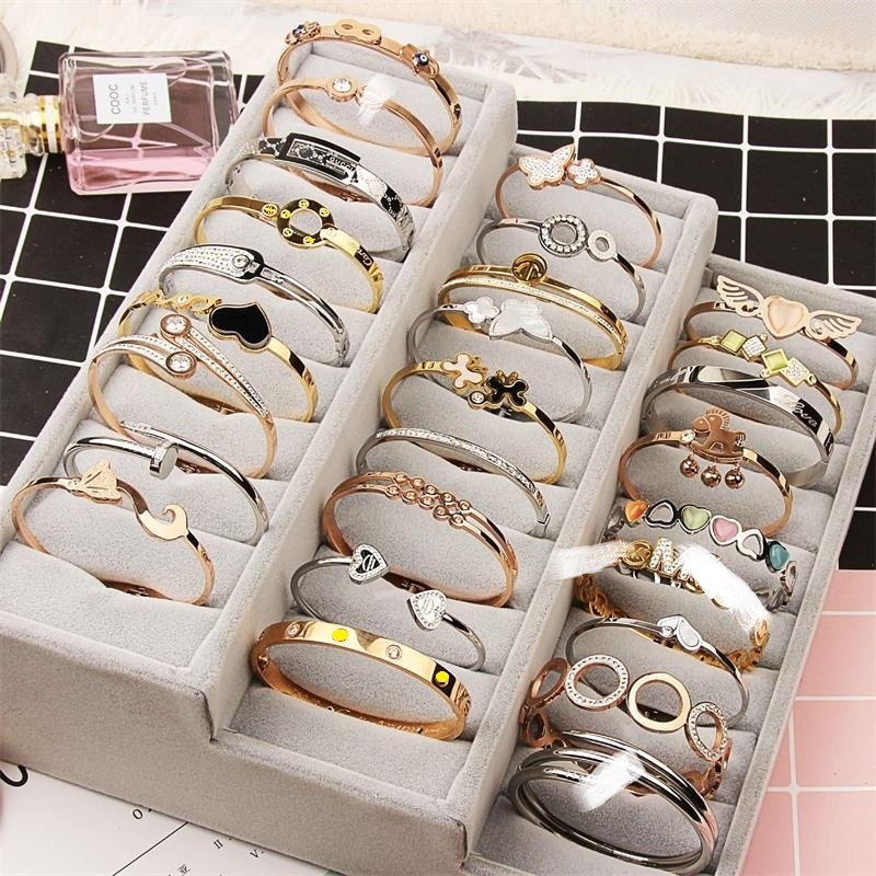 

Open Cuff Titanium Steel Bangle Rose Gold Silver Mix Different Styles Crystal rhinestone Jewelry Korean Fashion Charm bangle Fedex free