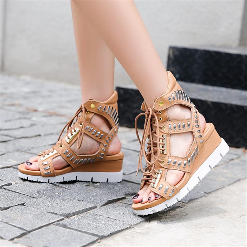 

2021 New Hollow Out Women Sandals Gladiator Platform Wedge Sandal Lace Up Summer Boots Sandalias Mujer Wedges Creepers, As picture