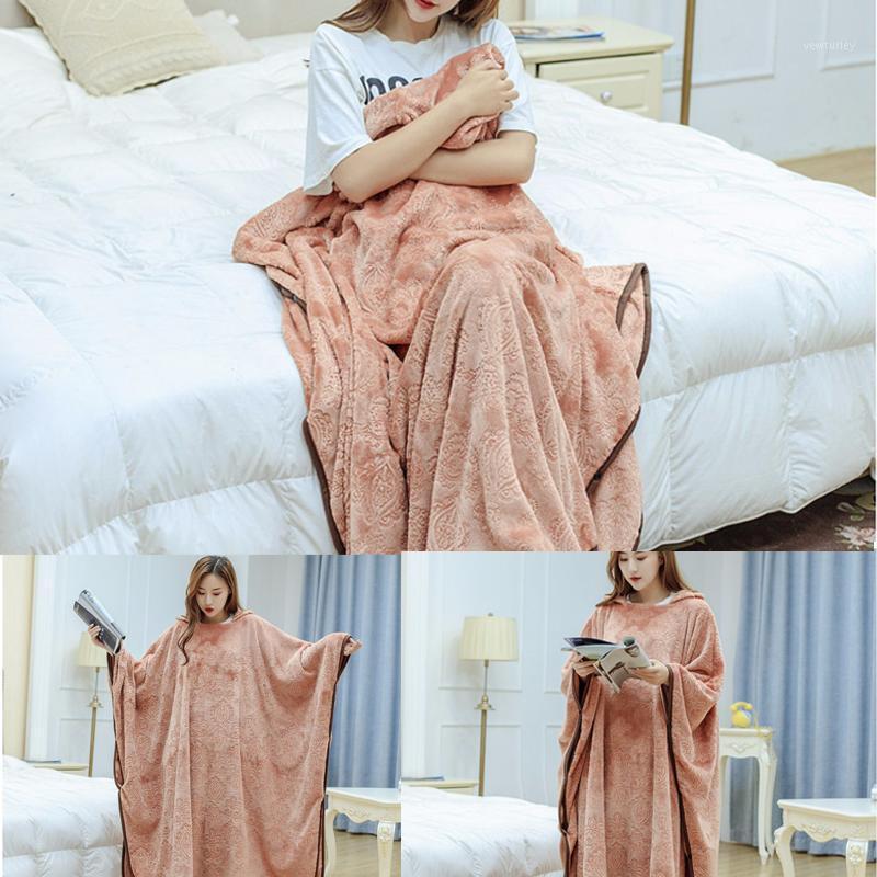 

Multi-functional Flannel blanket with Sleeves solid color can be worn with hood Warm in autumn and winter pink brown1