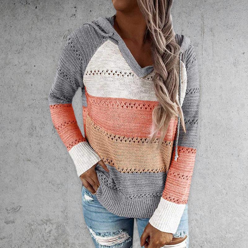 

Autumn Sweater Women Long Sleeve Loose V-Neck Fashion Spring Splicing Color Hooded Pullover Top Drawstring Knitwear Jumpers, Rose red