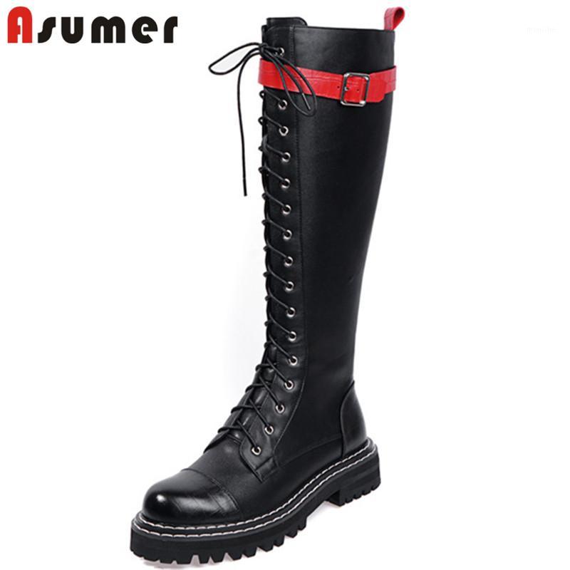 

Asumer 2020 Newest knee high boots women genuine leather mixed colors autumn winter low heels punk shoes woman Motorcycle boots1, Black short