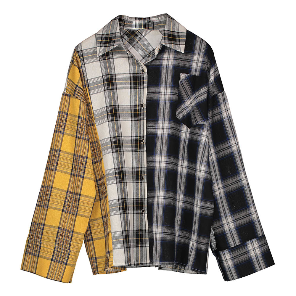 

2021 New Korean Women Blouse Plaid Shirt Streetwear Female Long Sleeve Patchwork Chic Blouses Punk Tops Preppy Style Girls Shirts AVKK, Yellow