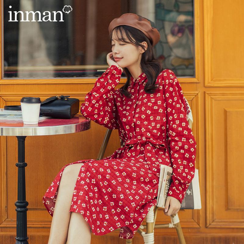 

INMAN 2020 Autumn Winter New Arrval Retro Artsy Sweet Style Lady Turn Down Collar Polka Lady Blouse Dress, White