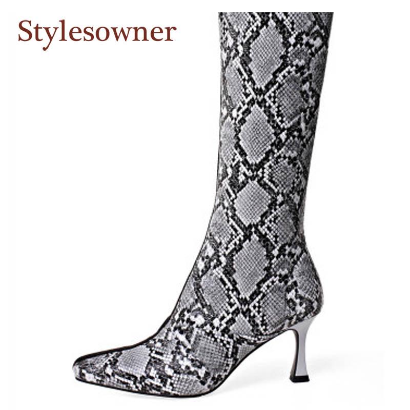 

New Spring Autumn Thin Heels Long Boots Woman Mixed Color Snake Print Patent Leather Pointed Toe Knee-High Side Zipper Boots, Black brown