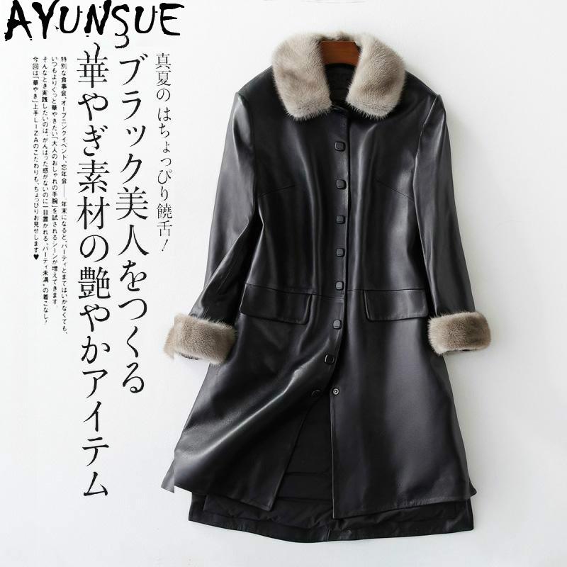 

AYUNSUE 2020 New Real Leather Jacket Women's Down Jacket Collar Autumn Winter Long Luxury Genuine Leather Jackets 1712, Black