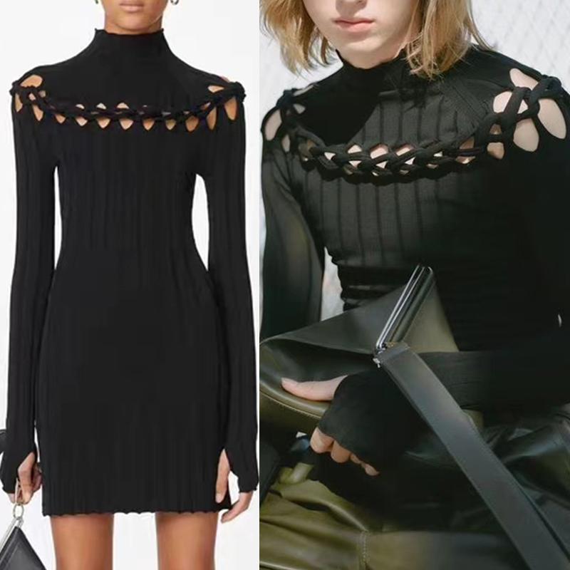 

Winter Ladies Knitted Sweater Turtleneck Hollow Sexy Dress2020New Ladies Long Sleeve Tight Elastic Fashion Elegant Dress Bing XL, Black