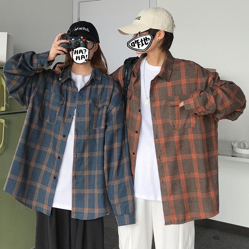 

L Winter Long-sleeved Shirt Male Loose Hong Kong Style Couples Wind Shirt, Blue