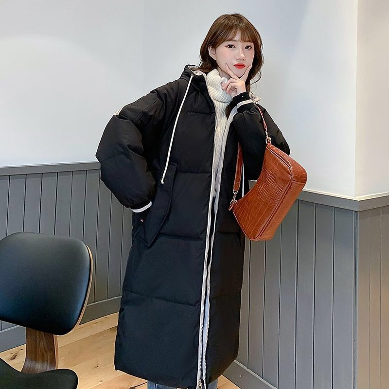 

New Woman Hooded Winter Thickening Warm Long Coat Female Korean Version Loose Mid-length Down Padded Jacket, Black