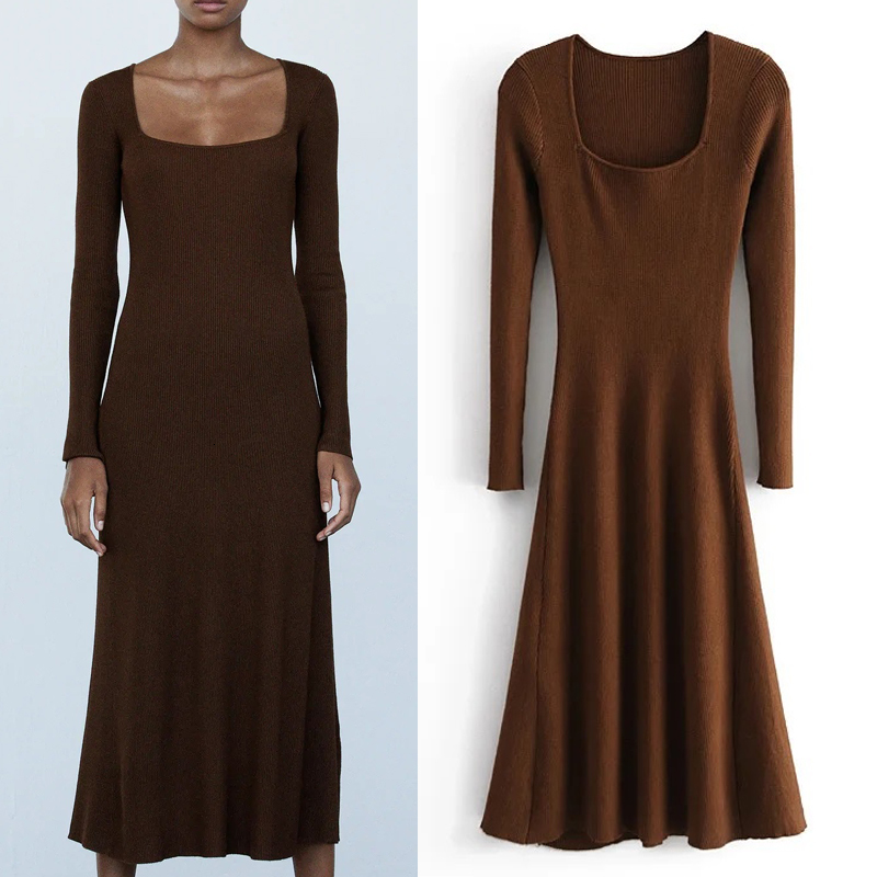 

2021 New Autumn Knitted Sweater Midi Women Vintage Square Neck Long Sleeve Dresses Woman Flared Hem Elegant Casual Dress Yaeg, Brown