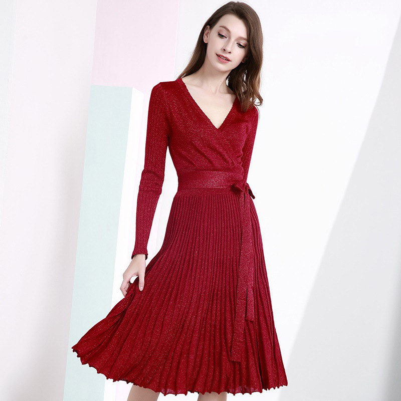 

2021 New Autumn Winter Vintage Bright Silk Sexy v Neck Knitted Women Elegant Party Long Sleeve Red Pleated Sequin Diin, Pink