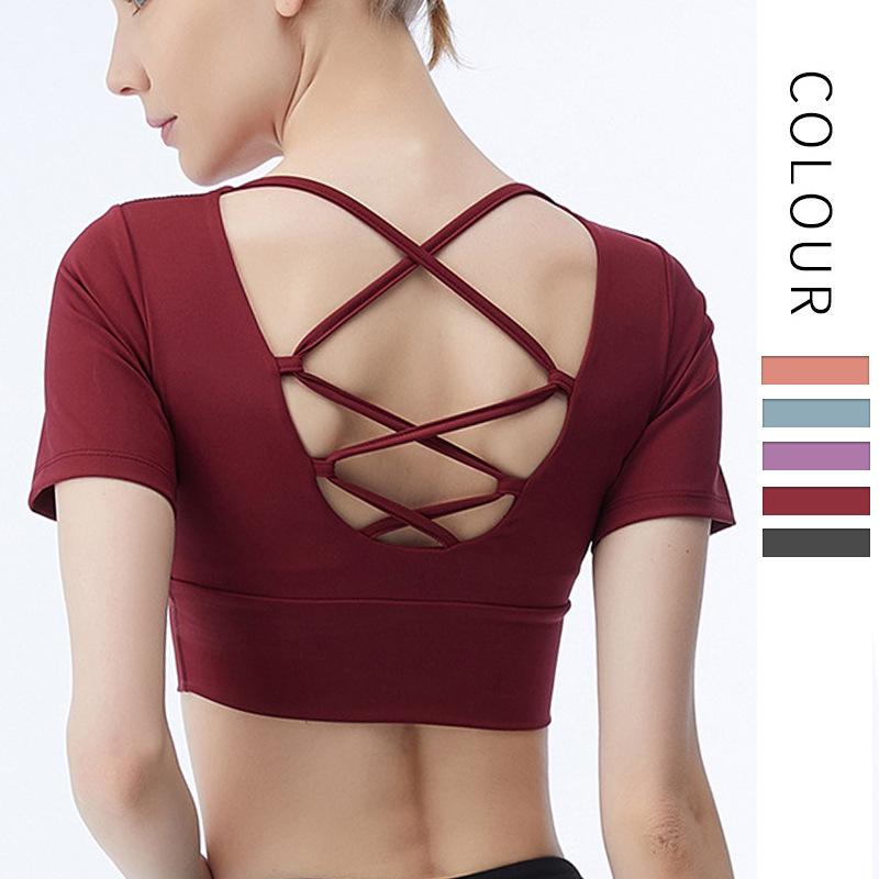 

Woman Stretch Tight Yoga Bra Clothes Short Sleeve T-shirt Beauty Back Running Sports Fitness Shirt Yoga Tops Women Workout Shirt, Wine red
