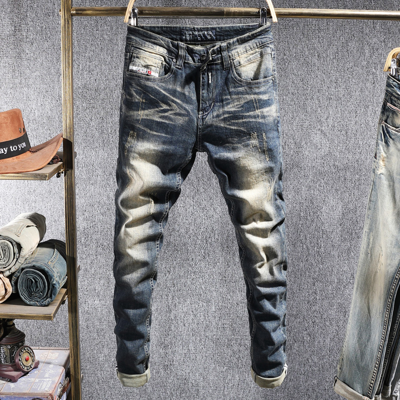 

2021 New Italian Style Fashion Men Jeans High Quality Slim Fit Retro Blue Elastic Ripped Denim Pencil Pants Vintage Designer Trousers Xu6e