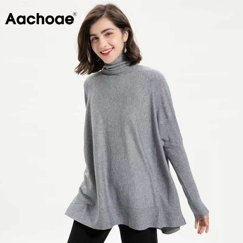 

Aachoae Solid Color Turtleneck Sweater Women Batwing Long Sleeve Loose Pullovers Casual Soft Basic Knit Sweaters Sueter Mujer 210203, Black