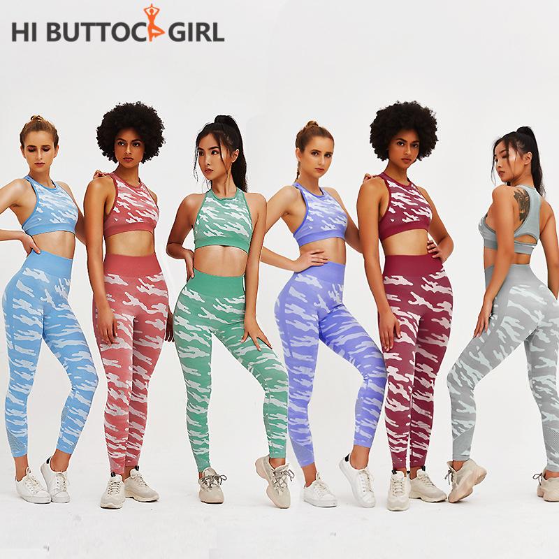 

Yoga sets Seamless Yoga Set 2 Piece Women Camo set Print Bra Running Leggings Workout Pant GymSportswear Workout Clothes, Black