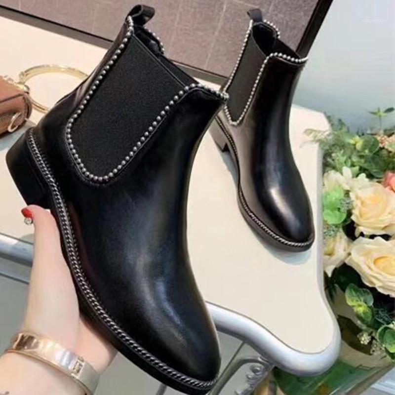 

Fast delivery 2020 crystal decoration round toe women boots geunine leather slip on comfortable short boots size 34-411, Black