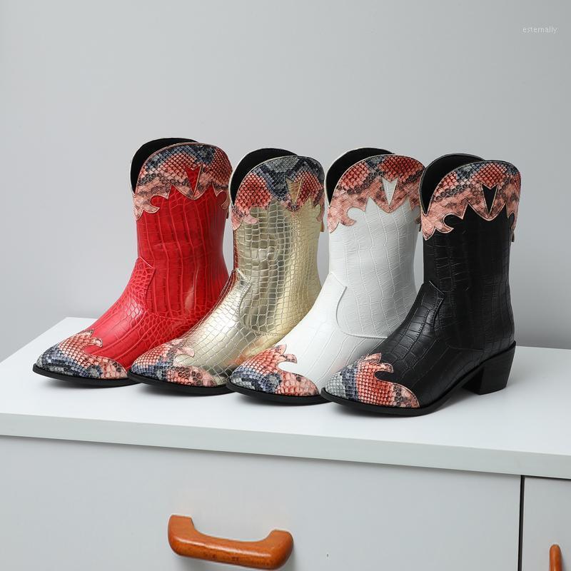 

HOT Women ankle boots Microfiber western boots PLUS SIZE 22-26.5CM Carved Stone embossed Snake pattern stitching women1, Black