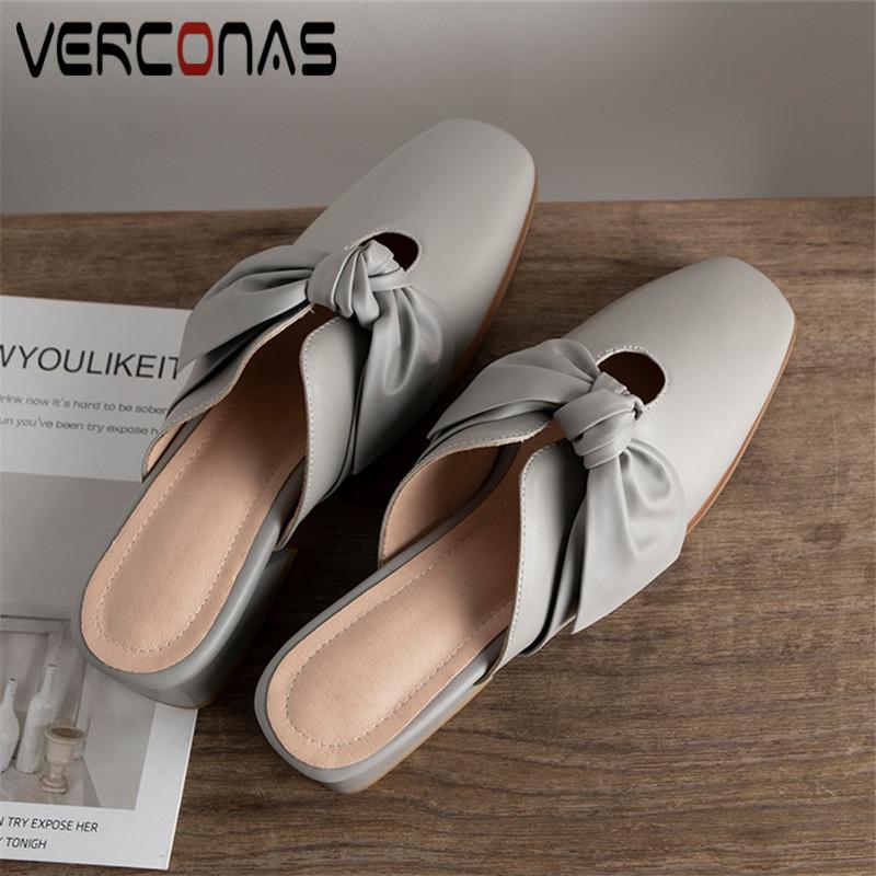 

VERCONAS New Arrival Woman Pumps Genuine Leather Woman Sandals Butterfly Knot Mules Casual Square Toe Square Heels Shoes, Xingse