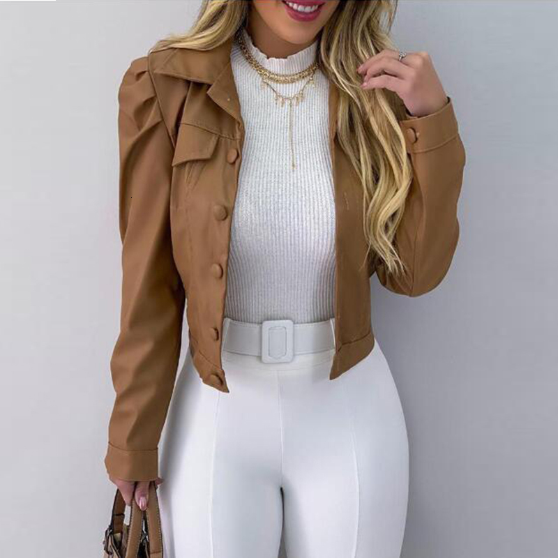 

2021 New Women Autumn Solid Color Pu Winter Fashion Casual Turn-down Collar Sleeve Single Breasted Short Jacket Coat F38z, Wd621bk