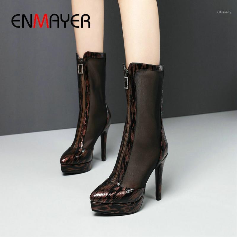

ENMAYER Women Boots Zip Mid-Calf Boots Basic Mesh (Air Mesh) PU 2020 Thin Heels Round To Patchwork Spring/Autumn Women Shoes1, Black