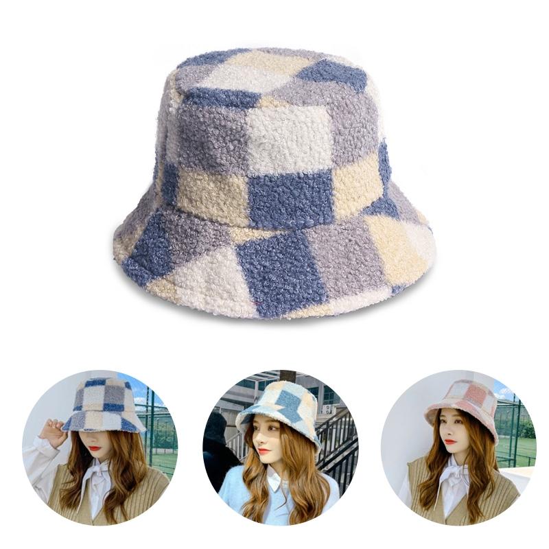 

Unisex Winter Warm Fuzzy Plush Bucket Hat Color Block Plaid Print Fisherman Cap 2XPD, Gray