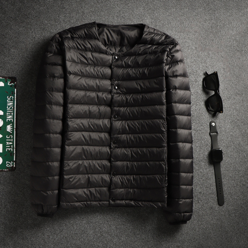 

2021 winter men's short lightweight et liner white duck down warm long sve round neck large, Black