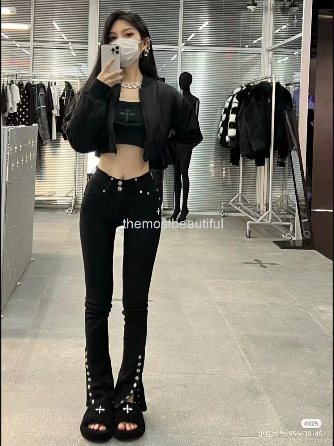 

Women's Jeans spring / summer button split jeans Knight metal breasted black high waist motorcycle style tight pants women
