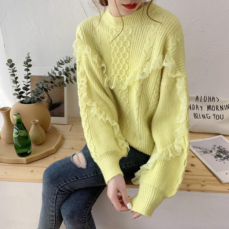 

Autumn Winter Clothing 2020 New Knitted Shirt Loose Sweater Women' Lace Cocoon-shaped Pullover Female Knitwear Tops y315, Beige