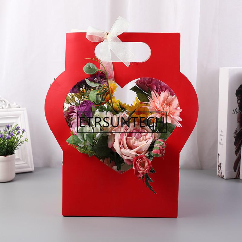 

50Pcs/Lot Hand-held Love Flower Box With Handle Folding Paper Flower Bag Shop Festival Arrangement Box Wholesale