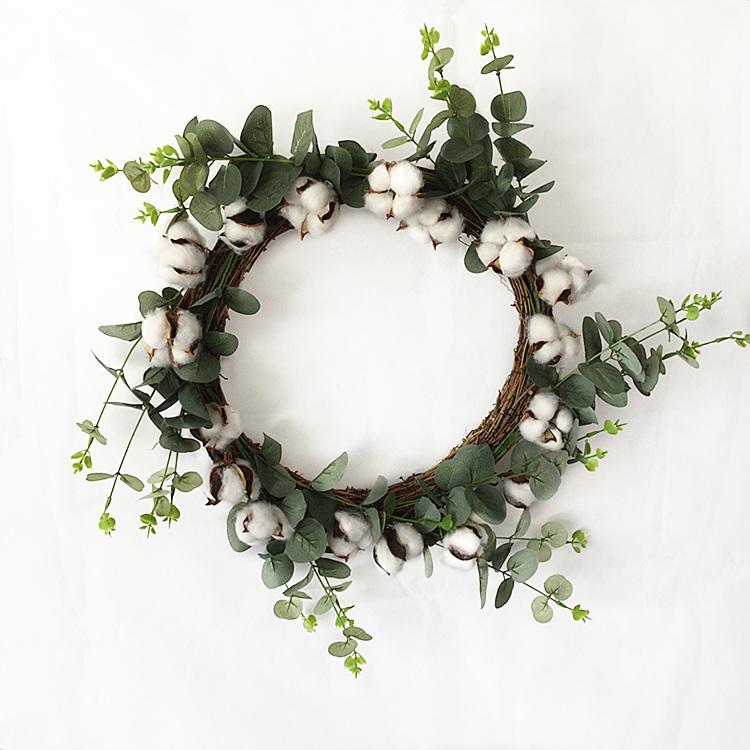 

1pc/lot 2021 New Design Nearly Natural Eucalyptus Cotton Wreath W/Twig Base, White
