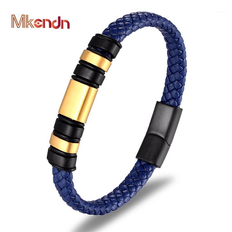 

MKENDN Braided Genuine Leather Bracelet Men Titanium Stainless Steel Magnetic Button Bracelet Male Woven Bangle Jewelry Pulseras1