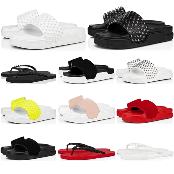 

2020 top Red bottoms flip flops leather slippers slides sandals men women triple black white yellow pink spikes summer mens outdoor sandals