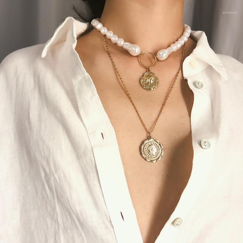 

Multi-layer retro personality temperament items women's jewelry baroque pearl embossed pendant necklace1